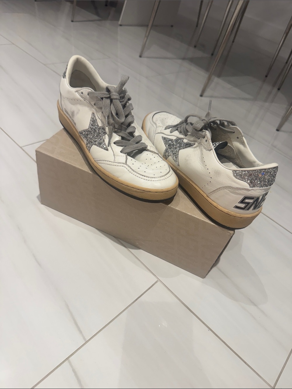 Golden Goose White Leather Sneakers with Silver Glitter Star